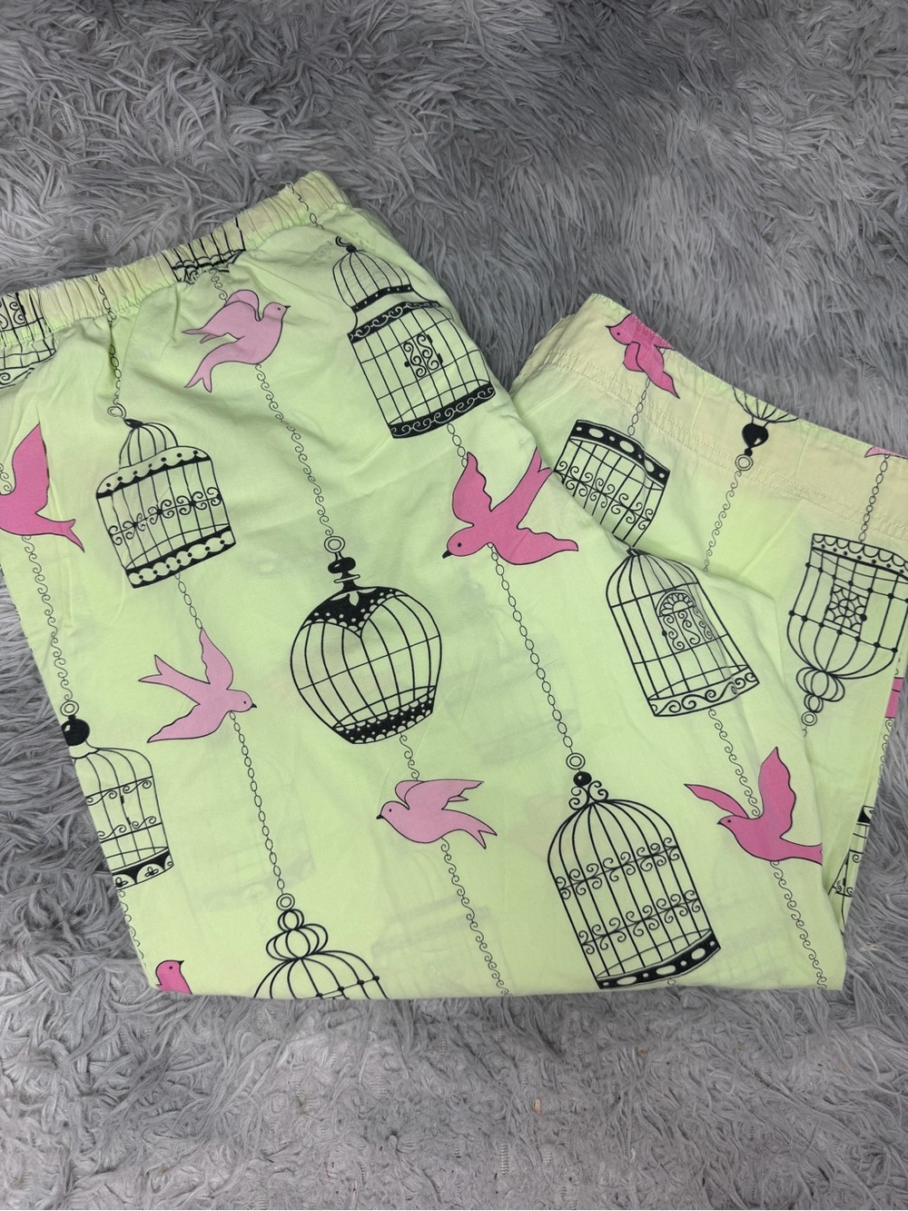 Vintage Nick & Nora XL Bird Birdcage Pajama Pants Mint Green Pink Cotton Capri